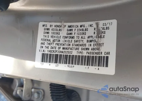 2017 Honda Accord Lx из США, поврежденный, VIN 1HGCR2F33HA202502